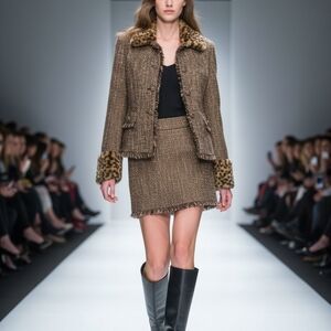 Beautiful Chic Tweed Jacket with Leopard Print Details